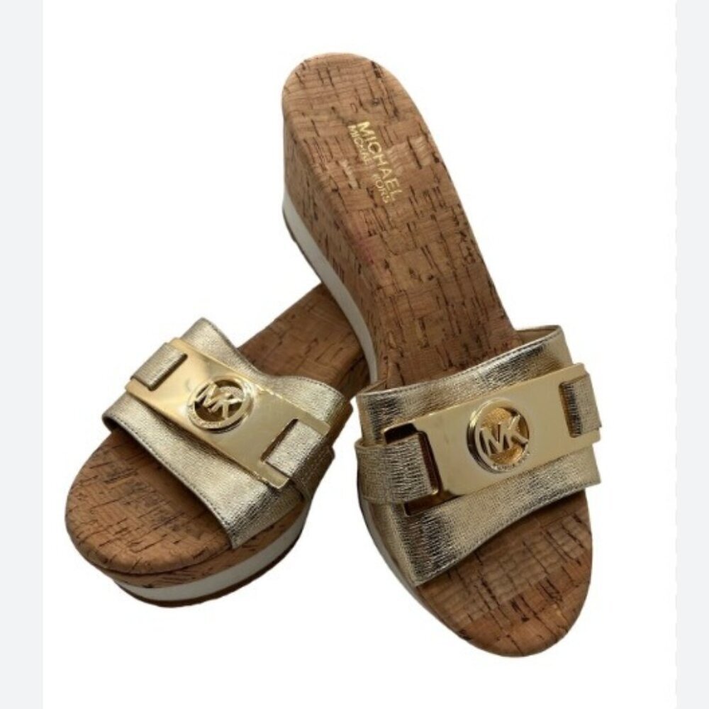Michael Kors MK Warren Leather Platform Cork Slide Sandals Gold Logo Plate 10M